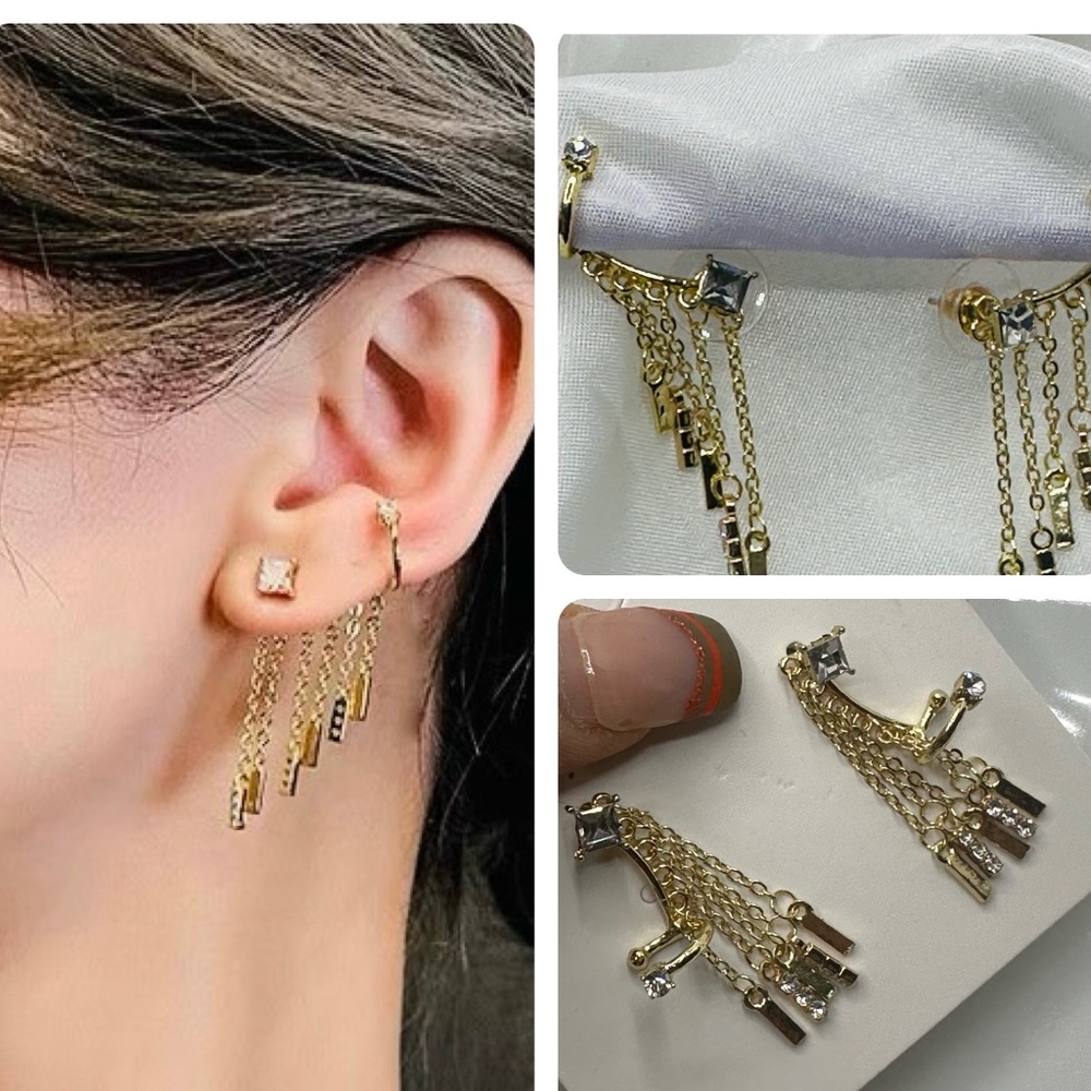 S 925 Dainty Crystal Bar Ear Cuff Earring Set, Short Dangle Pair